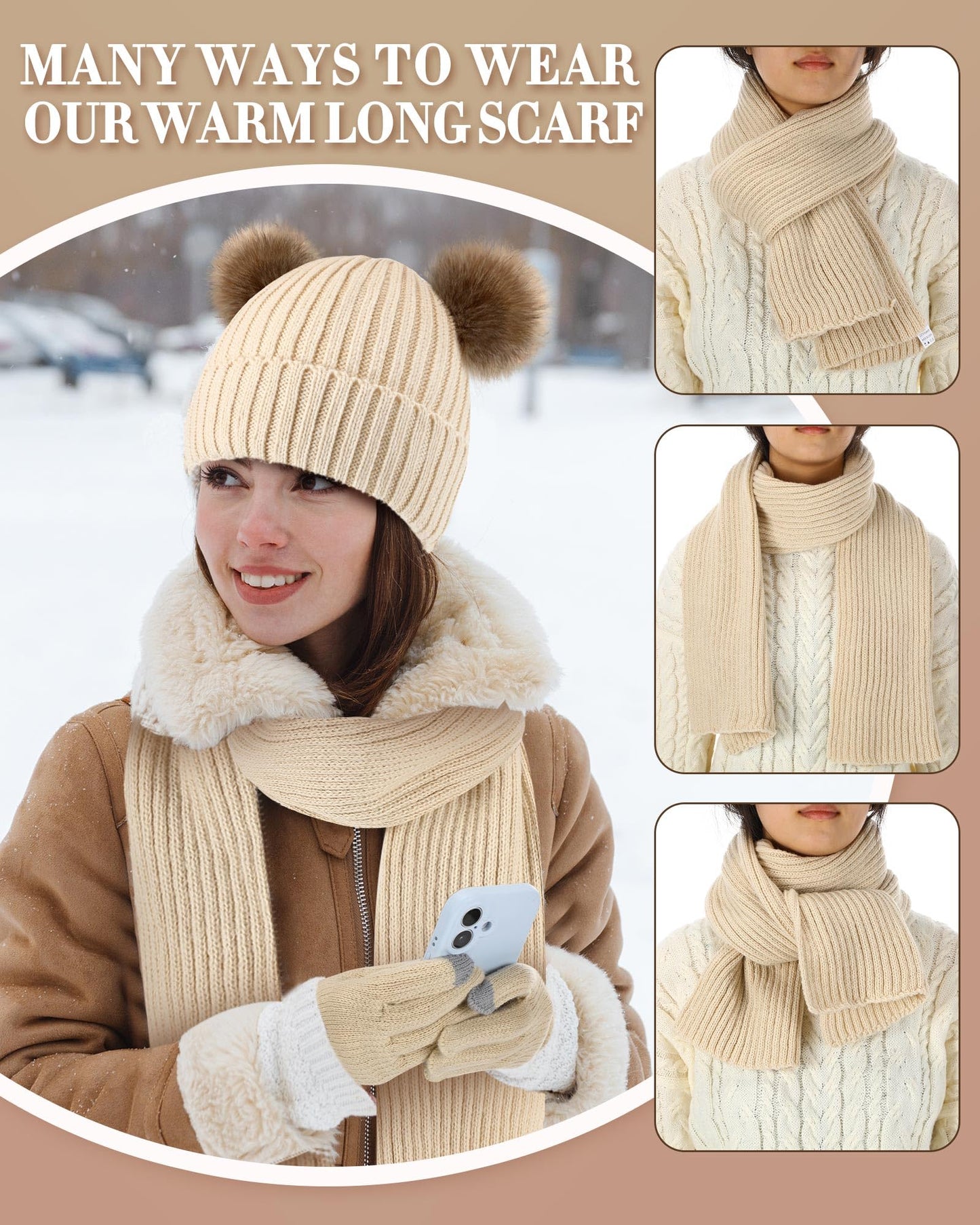 Geyoga 6 Pcs Winter Warm Knit Hat Long Scarf Touchscreen Gloves Ear Muffs Socks Sets, Winter Warm Gifts for Women (Beige,Striped-No Fleece)