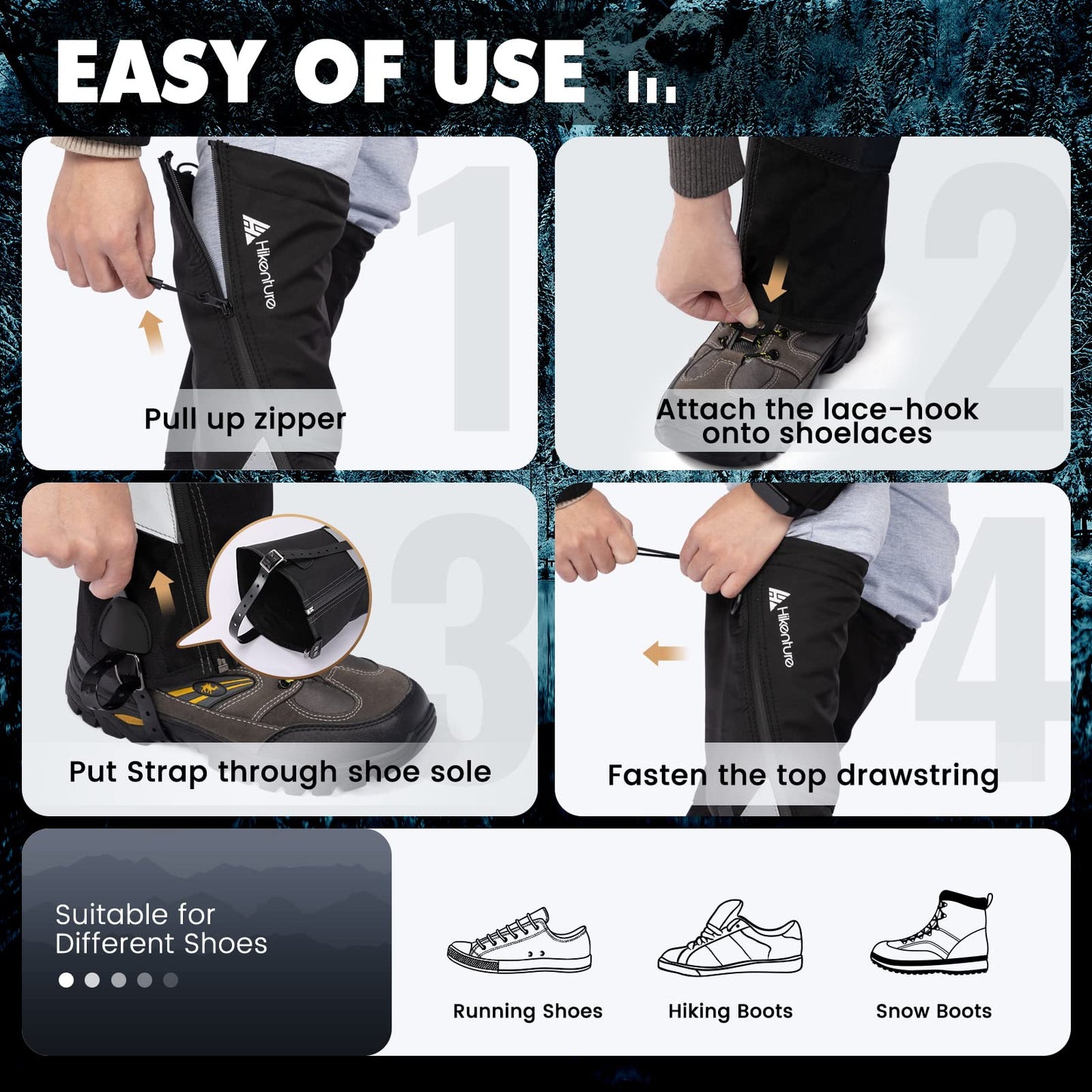 Hikenture Hiking Gaiters with Upgraded Zipper, Gators for Hiking Boots Waterproof, Lightweight Shoe Leg Gaiters for Men Women (Black, Large)
