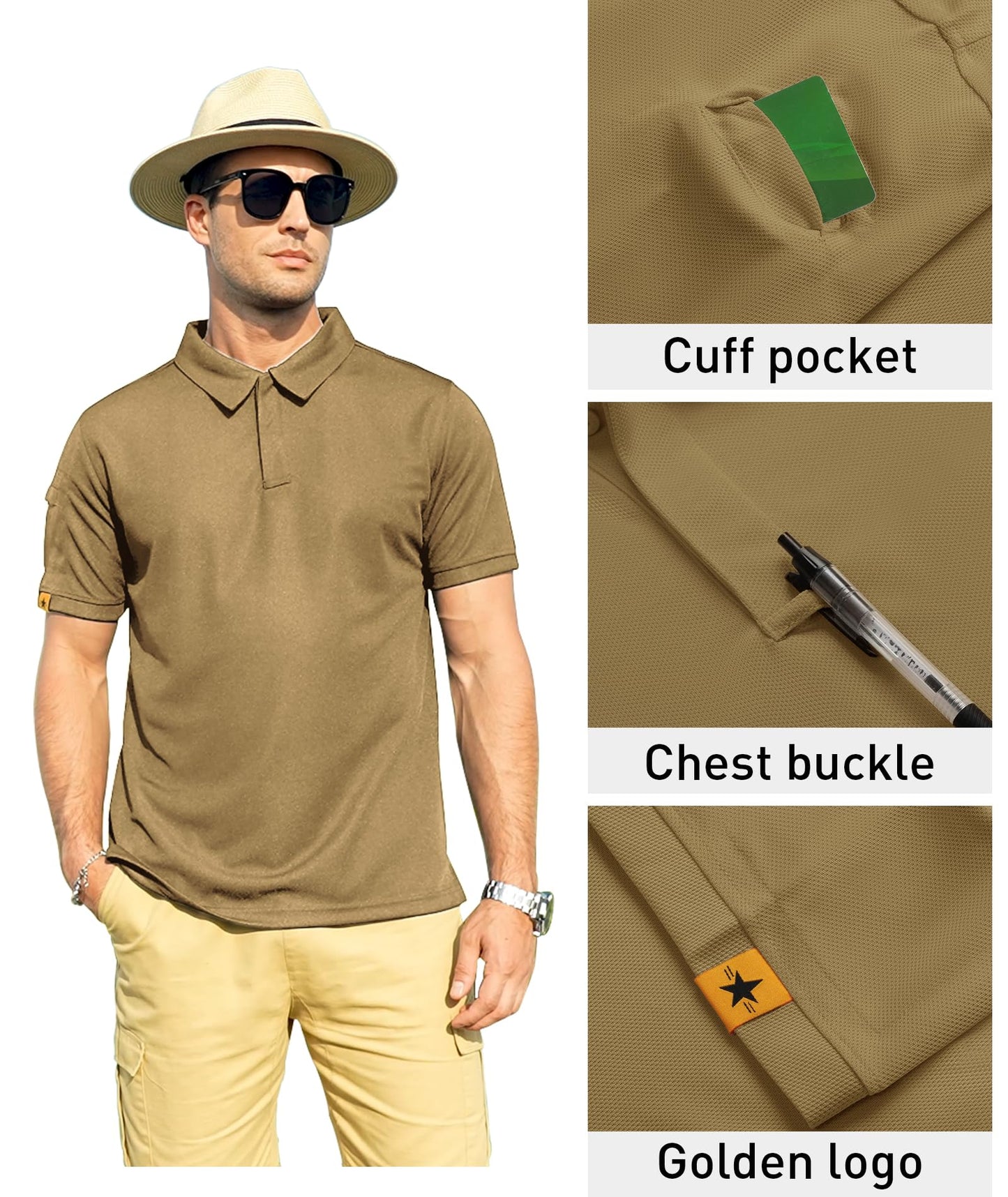 ZITY Mens Polo Shirt Short Sleeve Sports Tactical T-Shirt Athletic Golf Polos Daily Casual Stylish Collared Shirts for Men Khaki Large