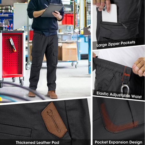 IGOLUMON Men's Stretch Tactical Pants, Breathable Ripstop Cargo Work Pants Outdoor Lightweight EDC Work Hiking Pants with 12 Pockets Black