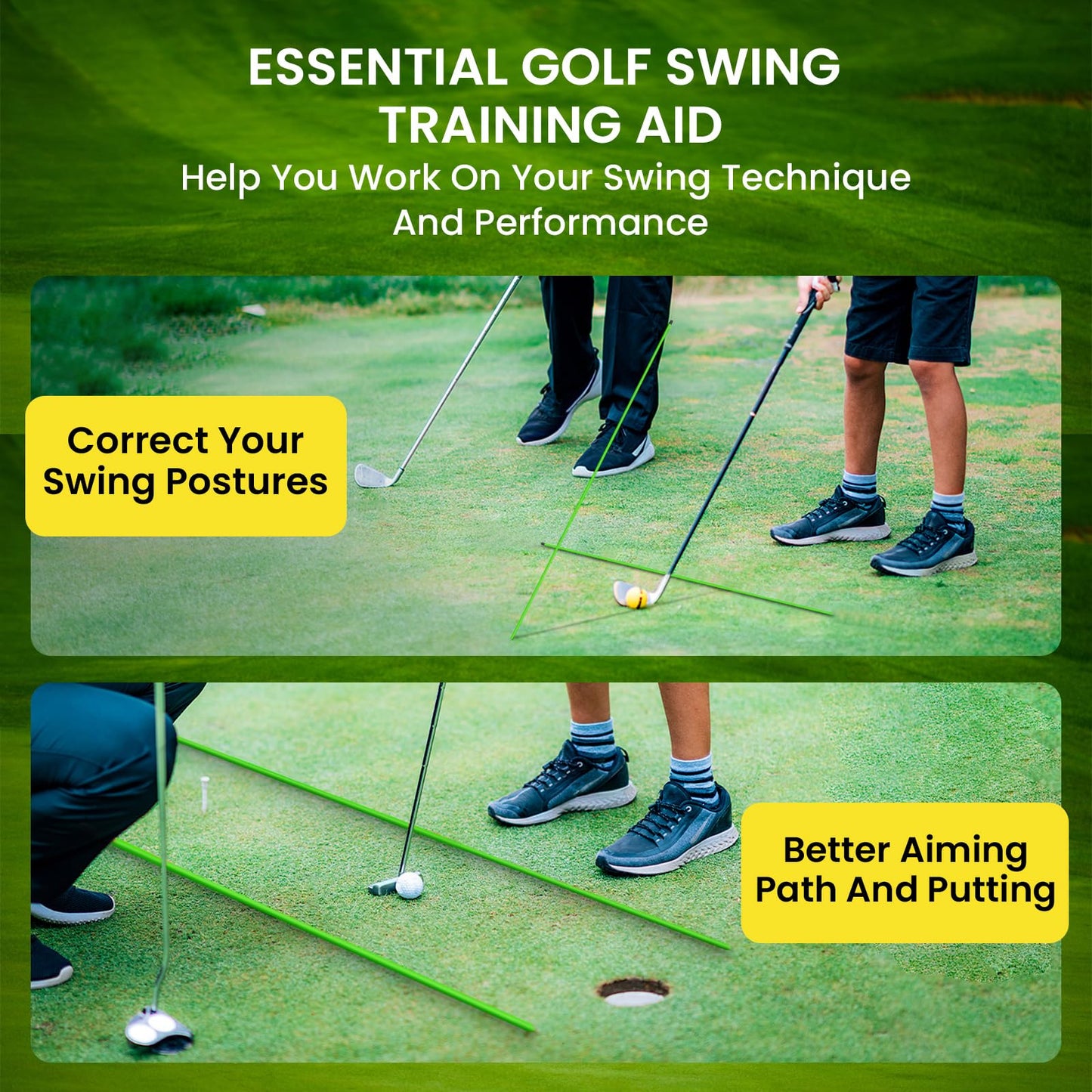 Amy Sport Golf Alignment Sticks Rods for Swing Training 34 Inch Value 2 3 Pack, Golf Aiming Stick for Putting Posture Corrector Practice Aid, Perfect Length to Fit in Any Golf Bag (Green-2 Pack)