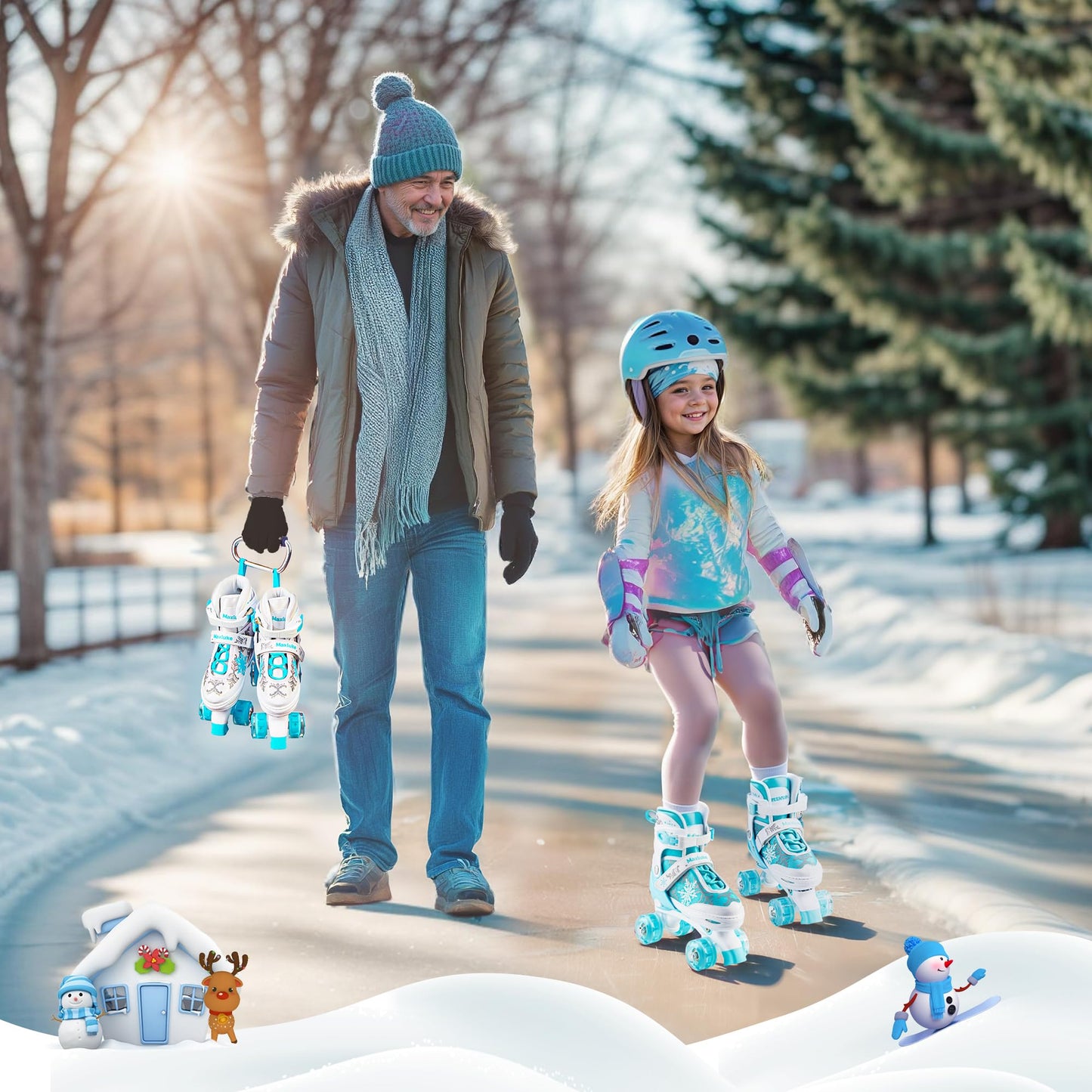 Rotayi Snowflake Roller Skates for Girls,4 Size Adjustable Kids Roller Skates with All Light Up Wheels for Toddler Teens Beginners, Ideal Birthday for Indoor Outdoor Use