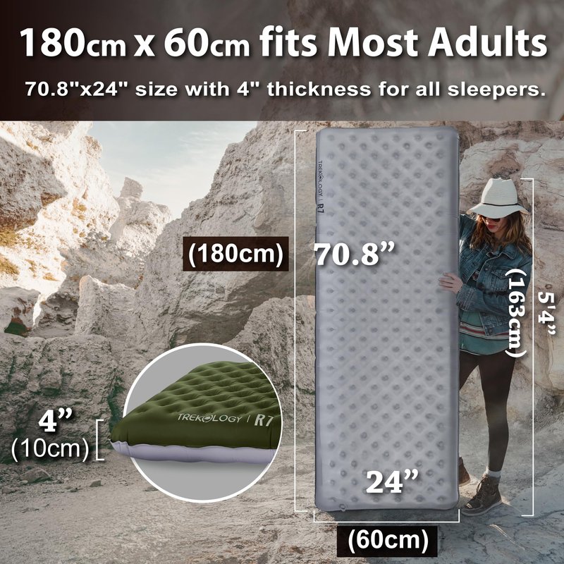 TREKOLOGY Sleeping Pad for Camping– Ultra-Lightweight, 4" Thick Camping Mat with 7.2 R-Value for All Seasons– Compact, Durable & Waterproof–Ideal for Backpacking, Hiking, and Outdoor Adventures UL R7