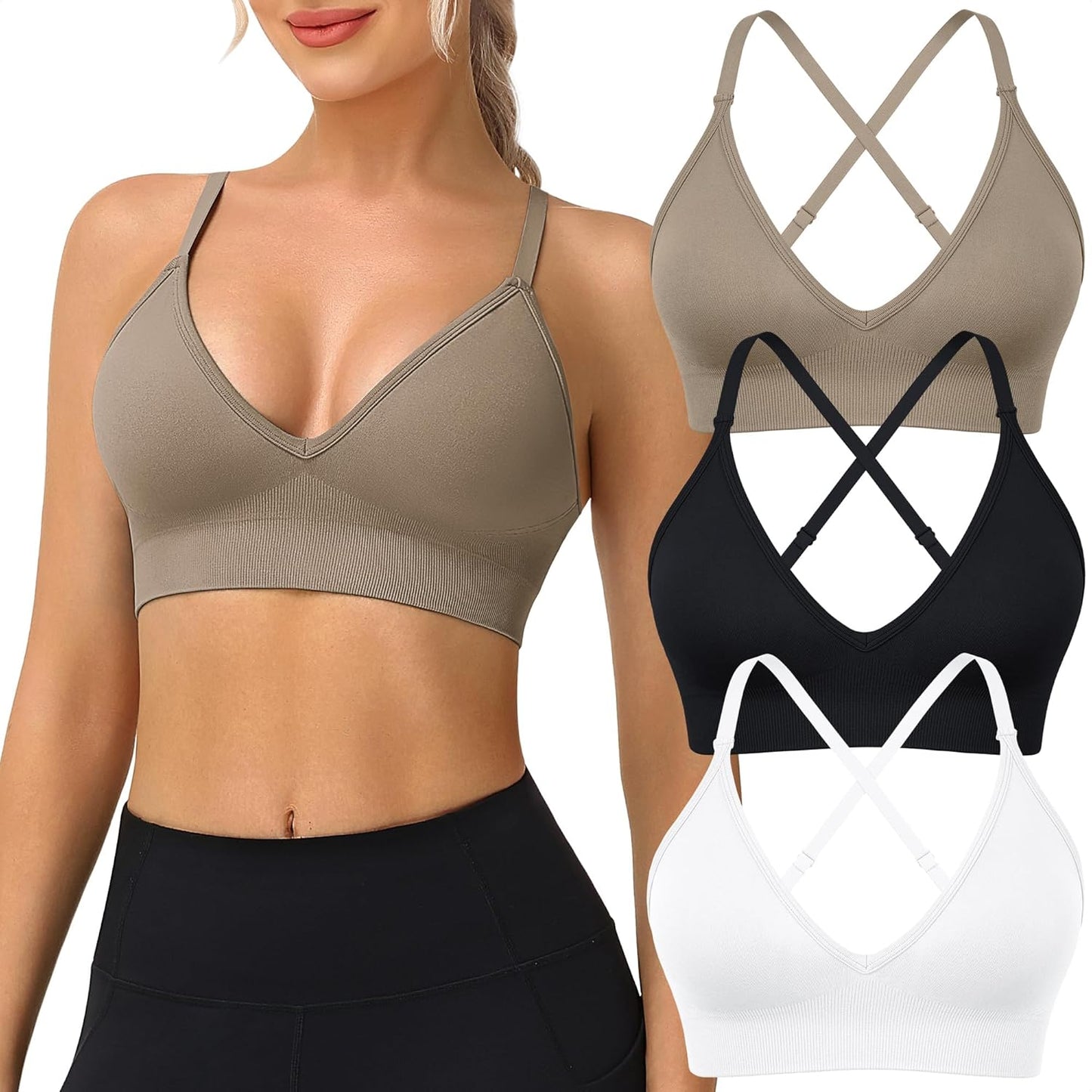 WANAYOU Sports Bras - Deep V Neck Adjustable Criss Cross Back Bralettes | 3 Pack, Padded Comfort