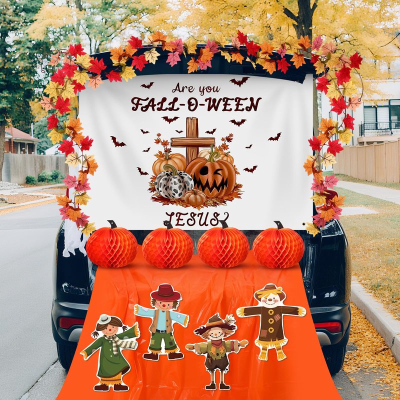 Suncalla Halloween Religious Christian Trunk or Treat Car Decorations Autumn Fall Are You Fall-o-ween Jesus Scarecrow Archway Garage Decor for Car Archway Trunk Exterior Halloween Party Supplies Decor