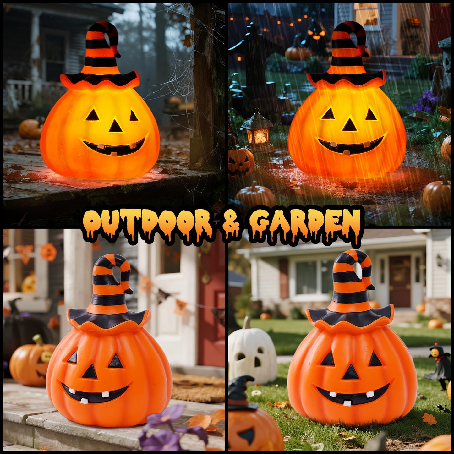 Halloween Pumpkin Decorations Outdoor Solar Lights – Jack O Lantern Garden Statue with Witch Hat, Waterproof Resin Pumpkin Decor for Yard, Patio & Pathway, Fall Decorations