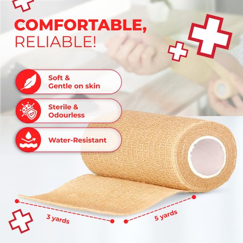 Ever Ready First Aid Self Adherent Cohesive Bandages 3" x 5 Yards - 12 Count, Tan