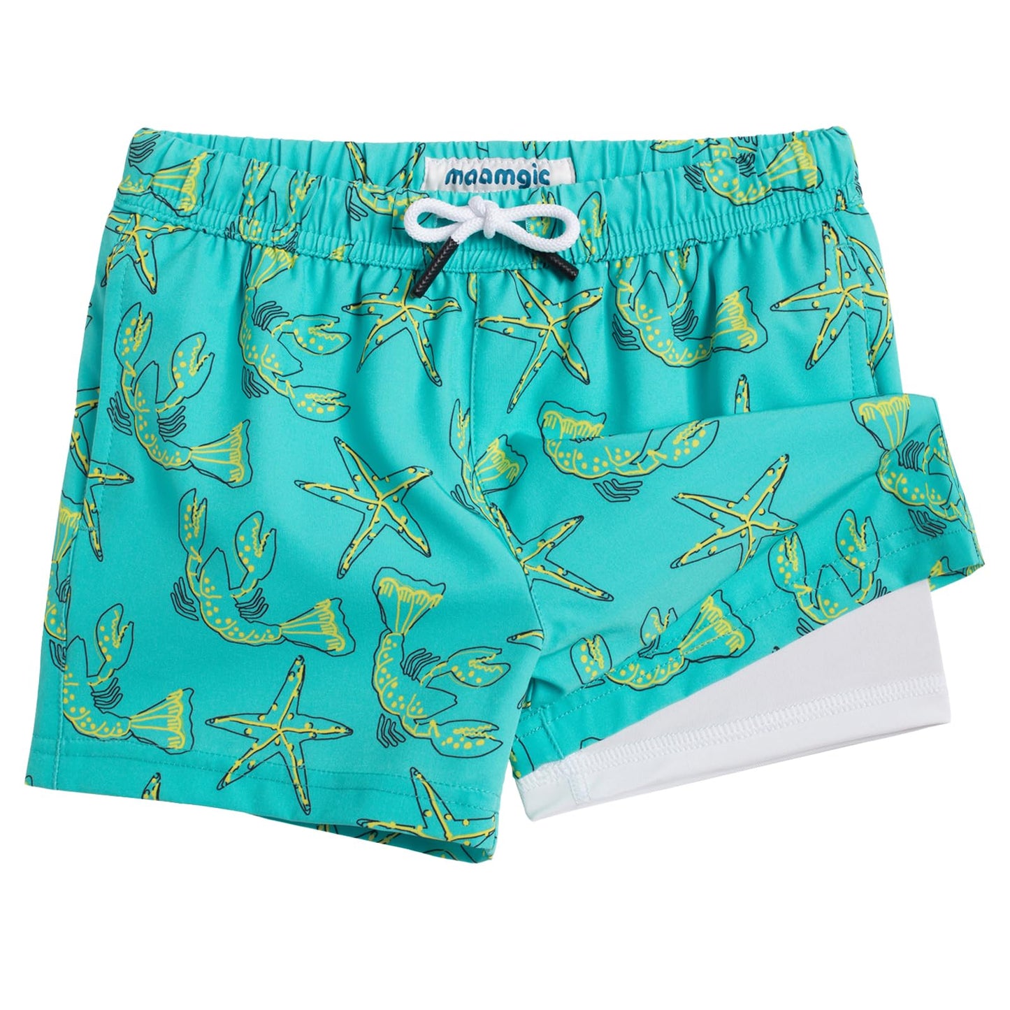 maamgic Boys Swim Trunks with Compression Liner Toddler Boy Swimsuit Quick Dry 4-Way Stretch Swimming Trunks Sea World Light Green 4T