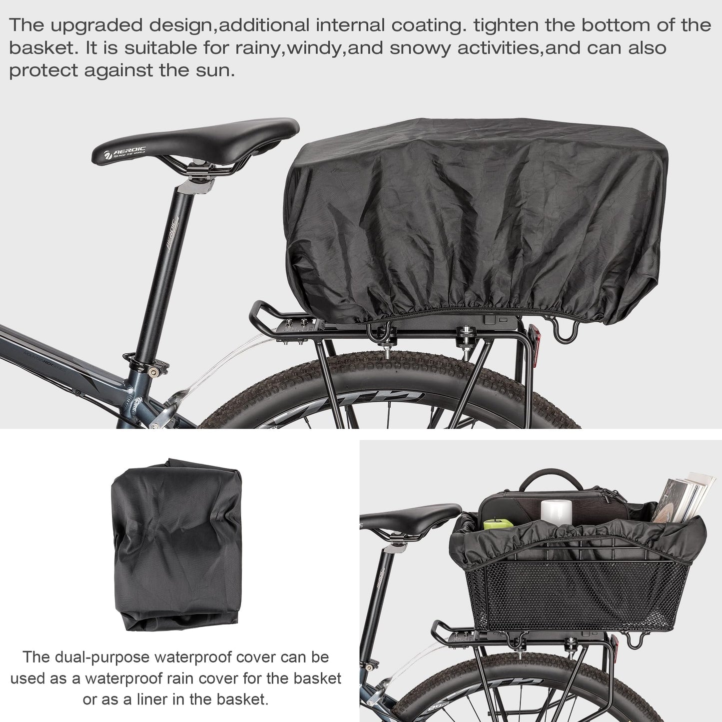 CXWXC Rear Bike Basket with Handle - Quick Release Bicycle Rear Basket with Cargo Net and Waterproof Cover, Wire Bike Baskets Rear Large Capacity (Wire Bike Basket)