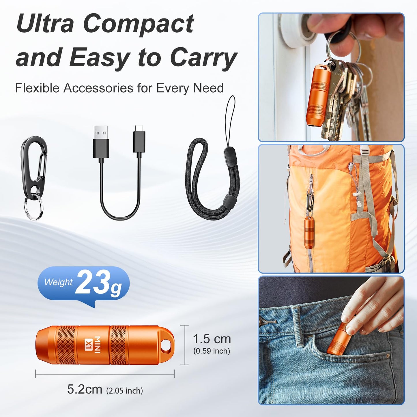 EDC Mini Flashlights High Lumens LED Pocket Keychain Magnetic Activation Flashlight Type-C Rechargeable Small Flashlight Long Battery Life & Long Illumination Distance -LT090 Mini X1 (1, Orange)