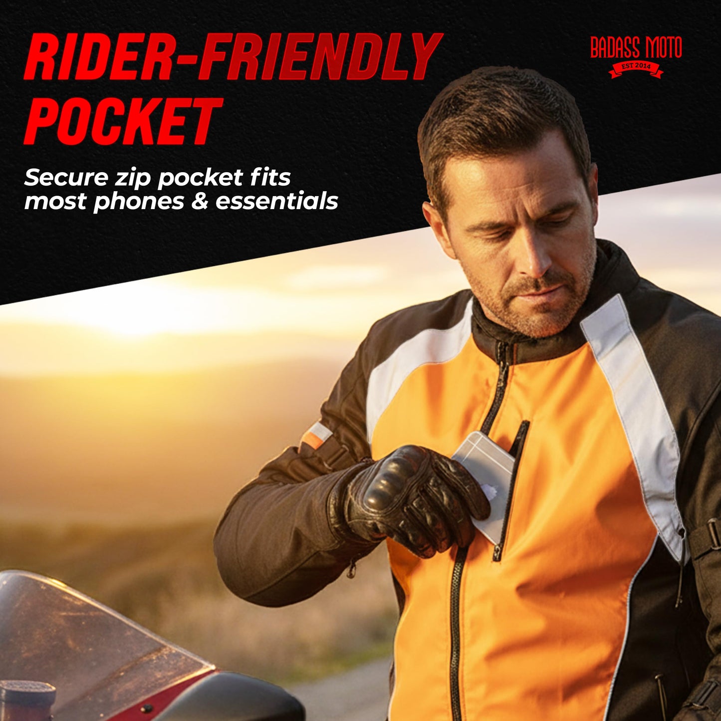 Badass Moto Motorcycle Safety Vest. Orange Motorcycle Reflective Vest with Pockets. High Visibility Biking Gear for Men and Women. Stylish Hi Vis Gear Gifts for Harley Davidson Riders, ATV Riding. 3XL