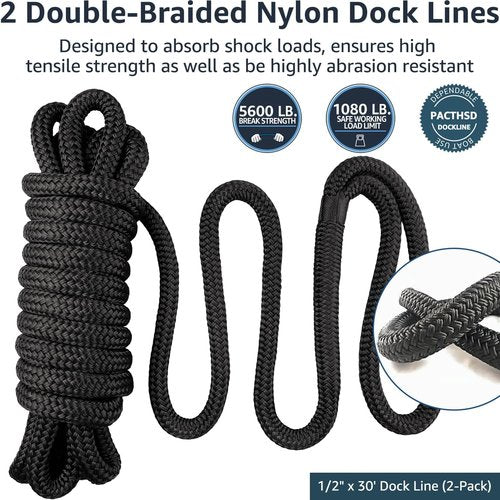 Marine Grade Nylon Dock Lines by [Brand Name] - 1/2" x 30' Double Braided Boat Rope with 12" Loop - High Strength, Fray Resistant, Easy Handling - Black (2 Pack)