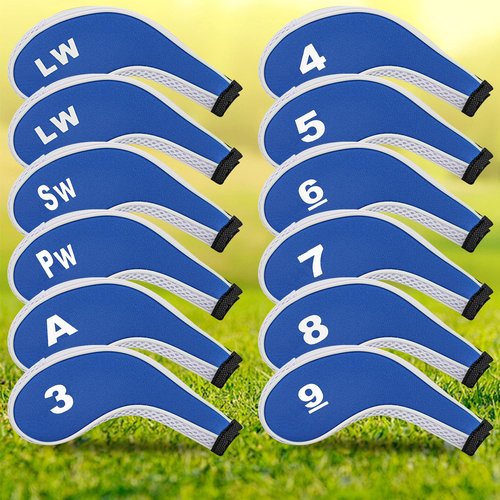 Golf Club 12pcs Thick Synthetic Zipper Long Neck Set Headcover Fit The Most Brands, Side Number Golf Iron Club Head Cover LW SW PW Covers #3,4,5,6,7,8,9