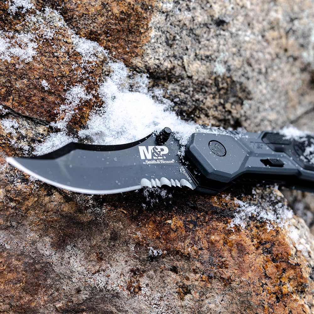 Smith & Wesson M&P SWMP1BS 7.1in S.S. Assisted Folding Knife with 2.9in Serrated Clip Point Blade and Aluminum Handle for Tactical, Survival and EDC , Black, 6 inch