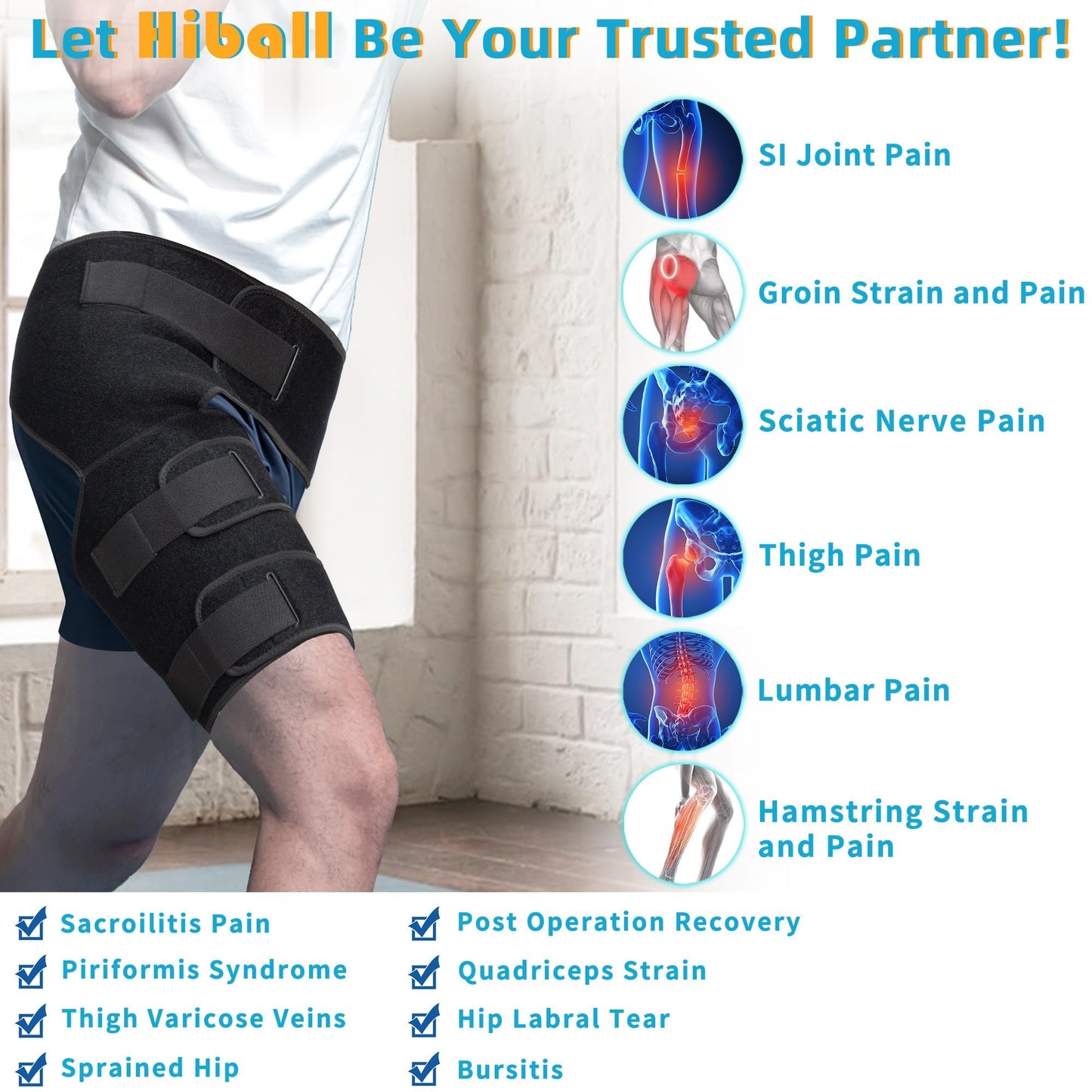 Hiball Adjustable Hip Brace, Groin & Hamstring Compression Wrap for Men Women, Thigh Compression Sleeve With 6 Pressure Straps, Buttock & Quad Support, Upper Leg Brace for Sciatic Nerve Pain, Bursitis