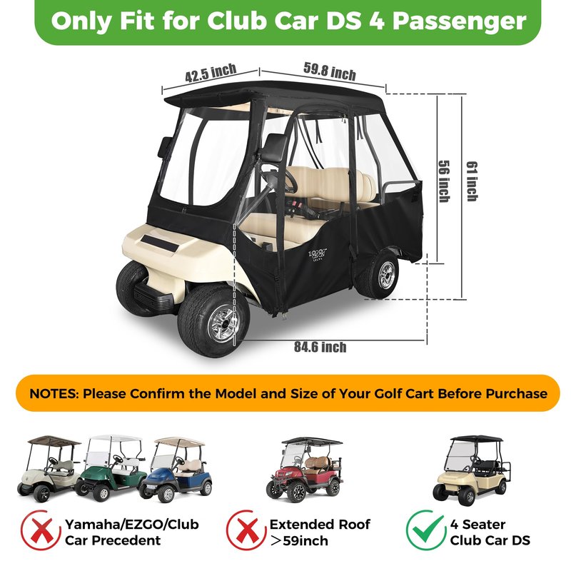 10L0L 4 Passenger Golf Cart Enclosure for Club Car DS Short Roof, 600D Waterproof Golf Cart Rain Cover, Heavy Duty Driving Enclosure, Snowproof Windproof, with Clear PVC Windows & Tail Light Panel