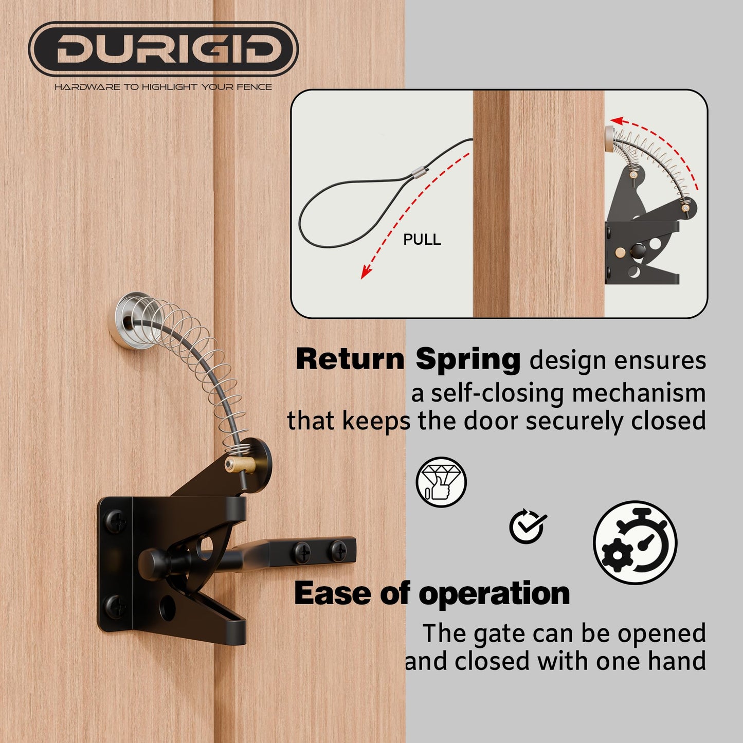 DURIGID Self Closing Fence Gate Latches with Spring Cable, Fingertip Release Gate Latch for Wooden Fence, Vinyl Door, Aluminum Gate, 1 Pack, Black
