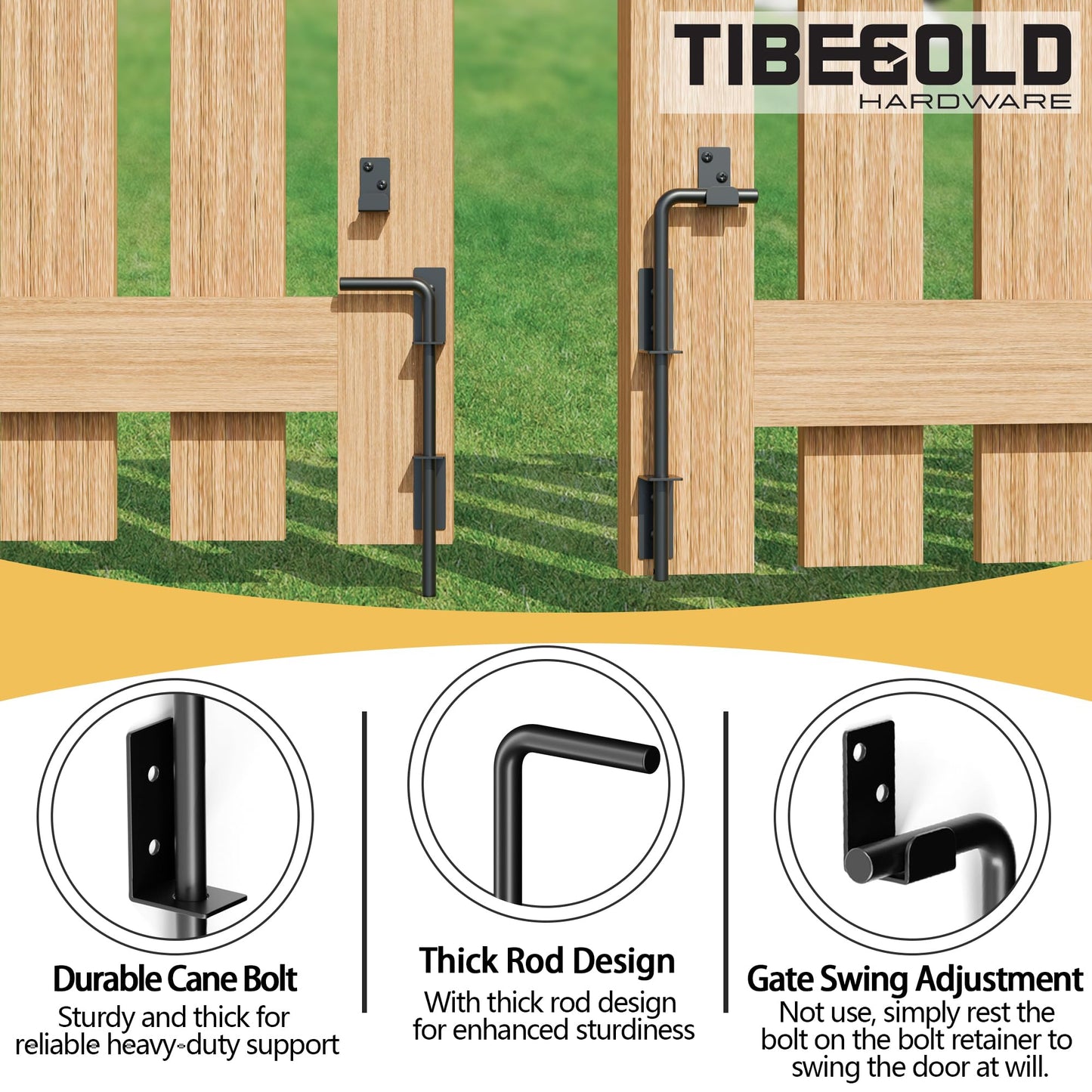 TIBEGOLD 12" Heavy Duty Cane Bolt Gate Drop Rod, Extra Thick Gate Ground Latch Hardware for Wood PVC Vinyl Metal Fences Gates, Wrought Iron Doors Stopper Gate Latches, Black Finish, 1 Pack