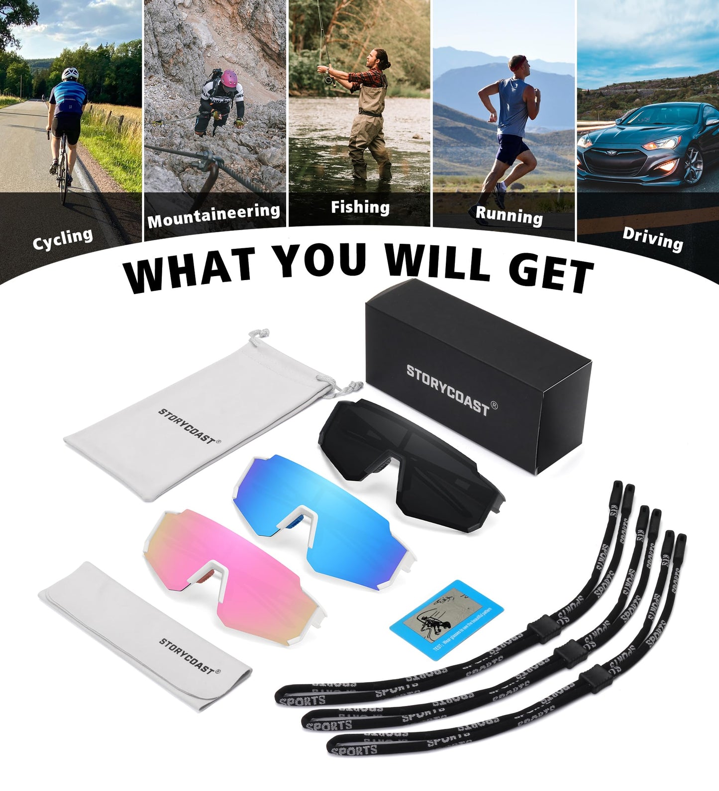 STORYCOAST Sports Running Sunglasses for Men Women Cycling Driving Fishing Bike Sunglasses Polarized UV400 Protection 3Pack Matte Black/Gray+White/Blue+White/Pink