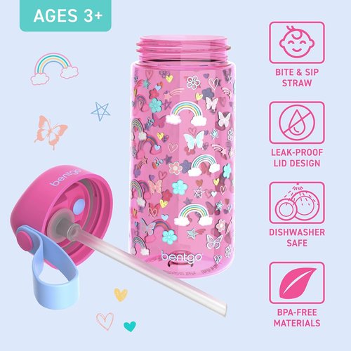 Bentgo Kids Water Bottle - Leak-Proof 15 oz Tritan BPA-Free Cup | Durable & Dishwasher Safe for Ages 3+ (Rainbows & Butterflies)