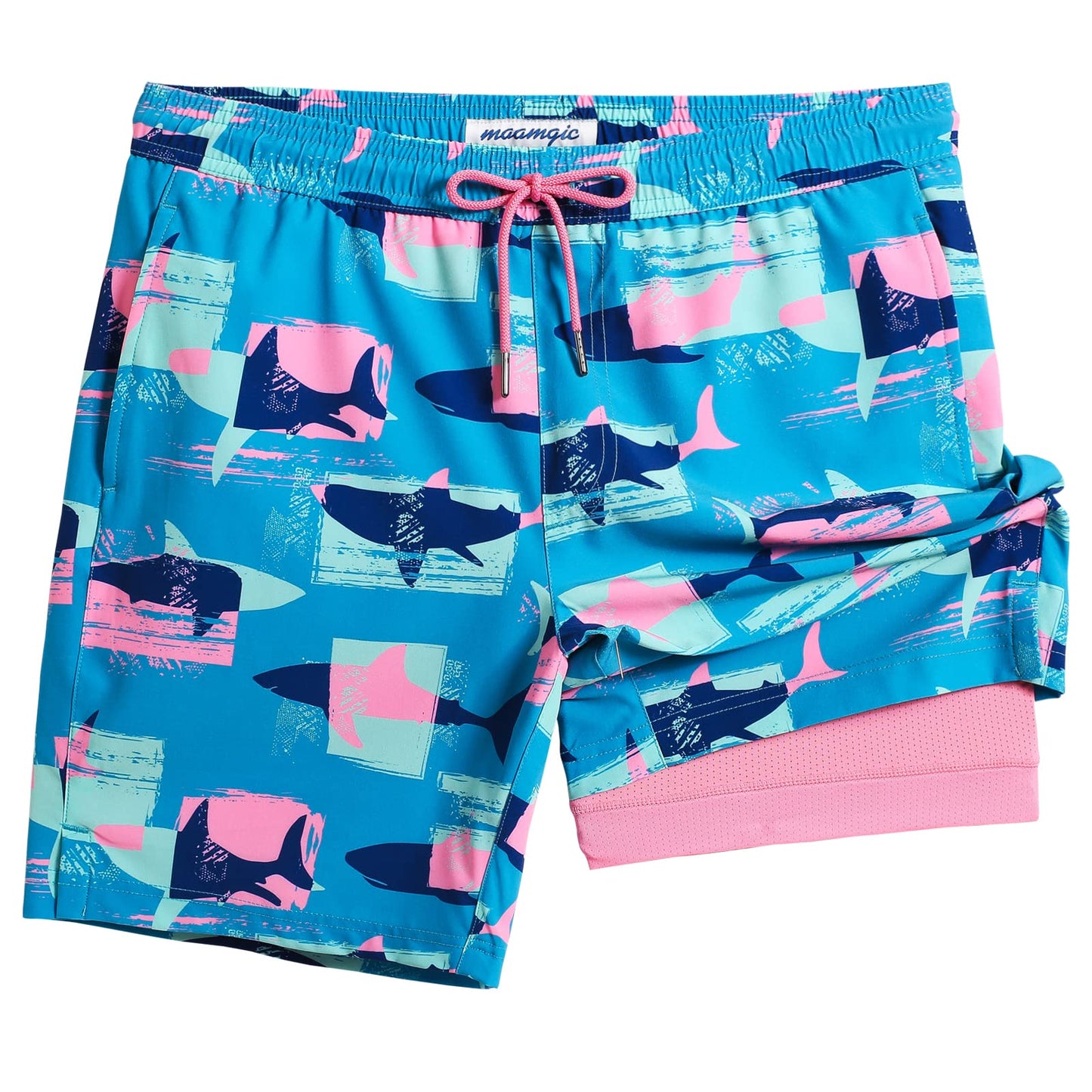 maamgic Mens Swim Trunks with Compression Liner 7 Inch Inseam Mens Bathing Suit Quick Dry Swimming Trunks Swimsuit Shark Blue Pink Medium