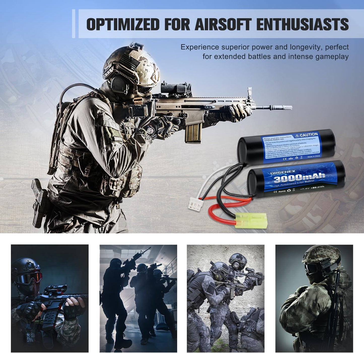 URGENEX 3000mAh Airsoft Battery - 7.4V Nunchuck Rechargeable with Mini Tamiya Plug | Fits Most Airsoft Guns