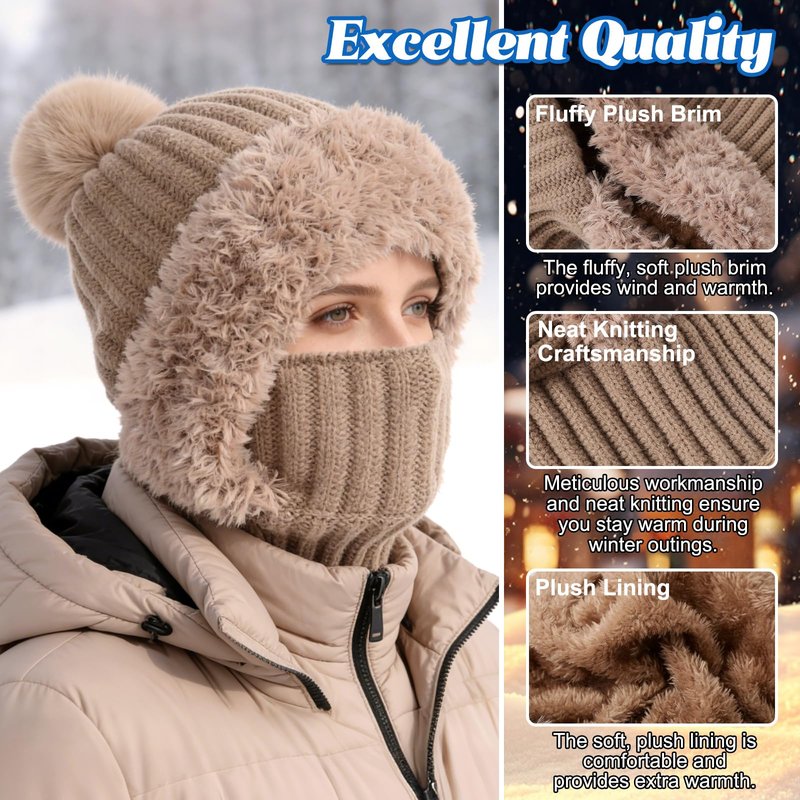 3 in 1 Beanie Hat for Women, Upgrade 3 in 1 Beanie Hat with Scarf and Mask, Fall Winter Warm and Windproof Knitted Ski Scarf and Mask Set, Thick Plush-Lined (Black)