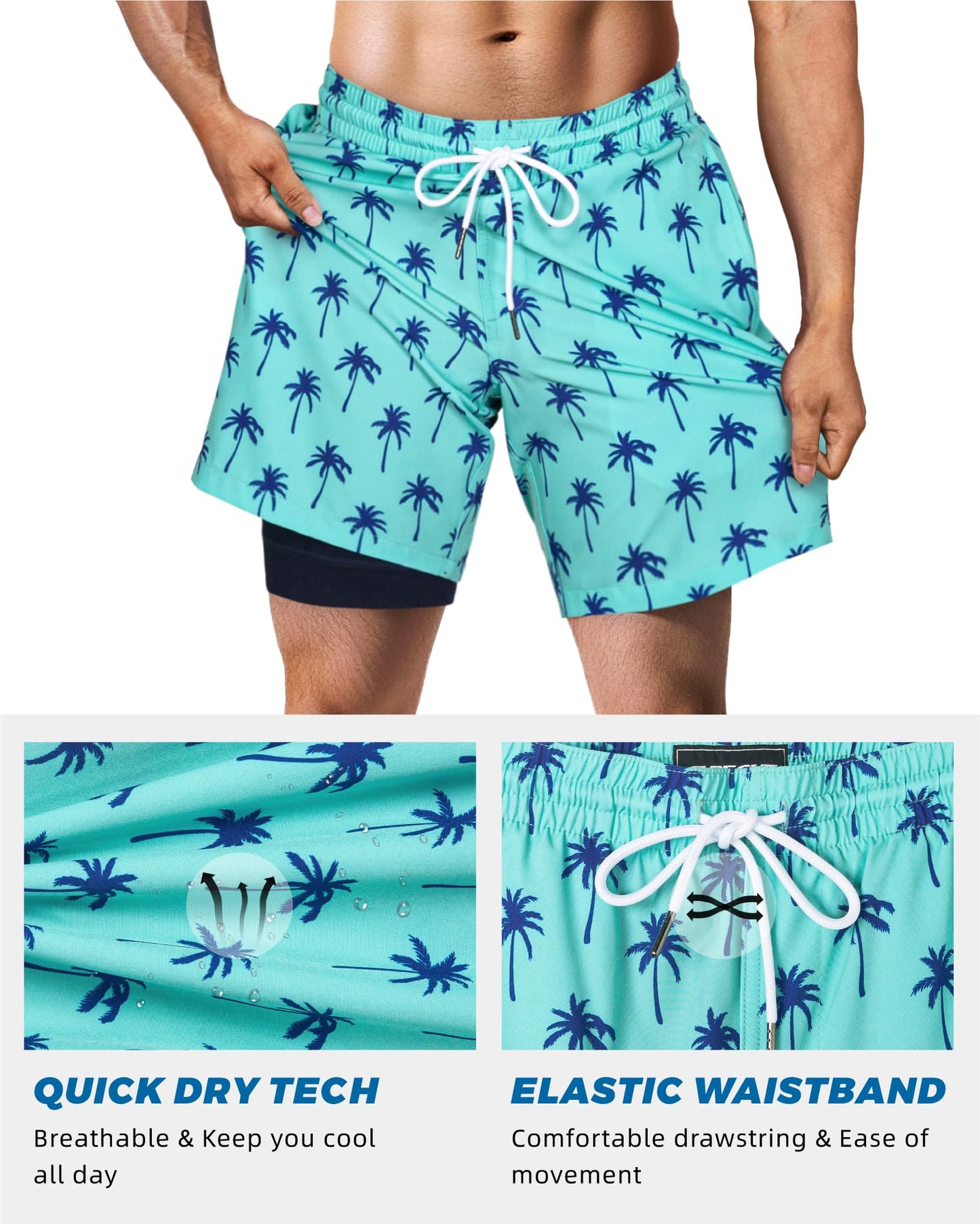 SURF CUZ Mens Swim Trunks with Compression Liner Quick Dry Swim Shorts 7" Swimming Trunks Stretch Zipper Pockets,Green Palm,M