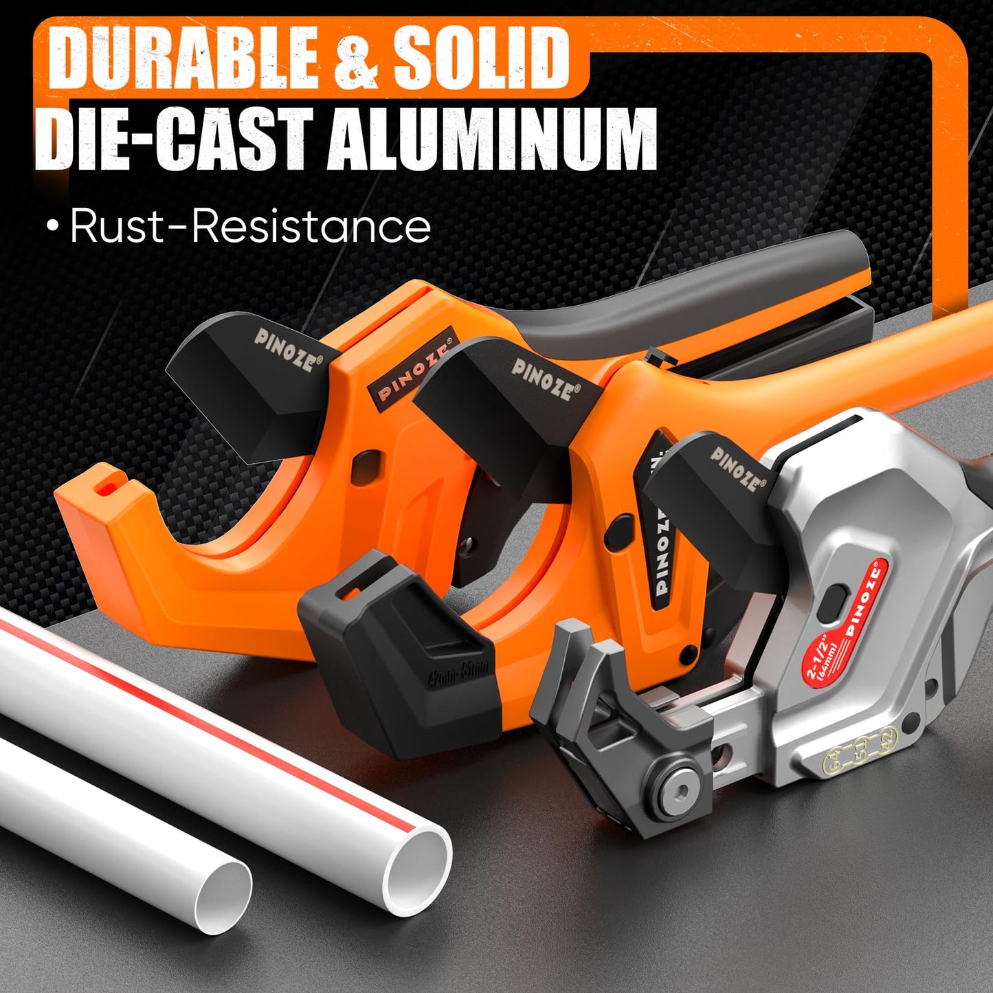 PINOZE PVC Pipe Cutter, 3-Gear Adjustable Cut up to 2-1/2”, Ratchet Pipe Cutter Tool Heavy-Duty for PVC, PPR, PE, PEX, Plastic Hoses & Plumbing Pipes with Teflon Coated SK5 Blade