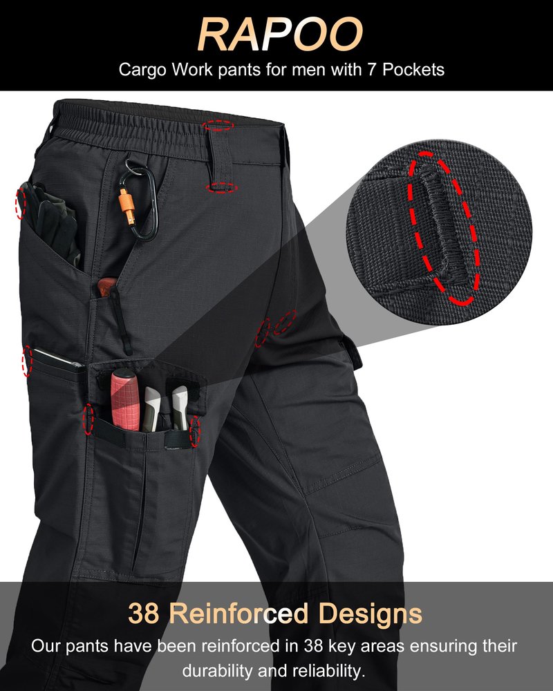 Rapoo Cargo Work Pants for Men Military Army Casual Hiking Pants for Men with Multi Pockets Elastic Waist Mens Ripstop Construction Carpenter Pants Black 34Wx32L