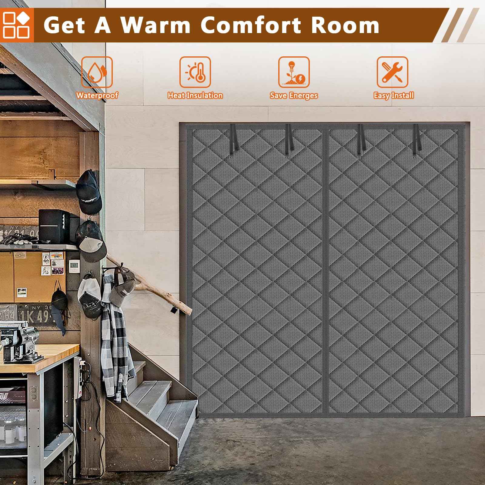 Garage Door Insulation Curtain for Winter 1 car 9 x 7 ft Magnetic Insulated Thermal Garage Screen Door Waterproof Thicken Cotton Cover Blanket Gray