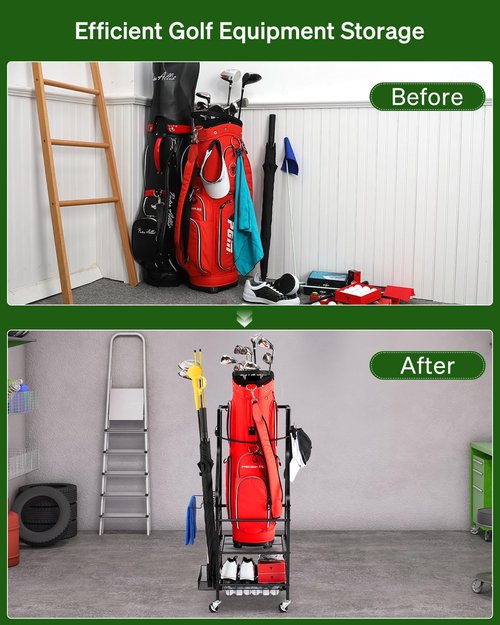 FHXZH Golf Bag Storage Garage Organizer - Golf Bag Stand Fit for 1 Bag, Extra Clubs, Balls, Shoes, and Golf Equipment Accessories, Golf Storage Rack for Garage, Club, Shed