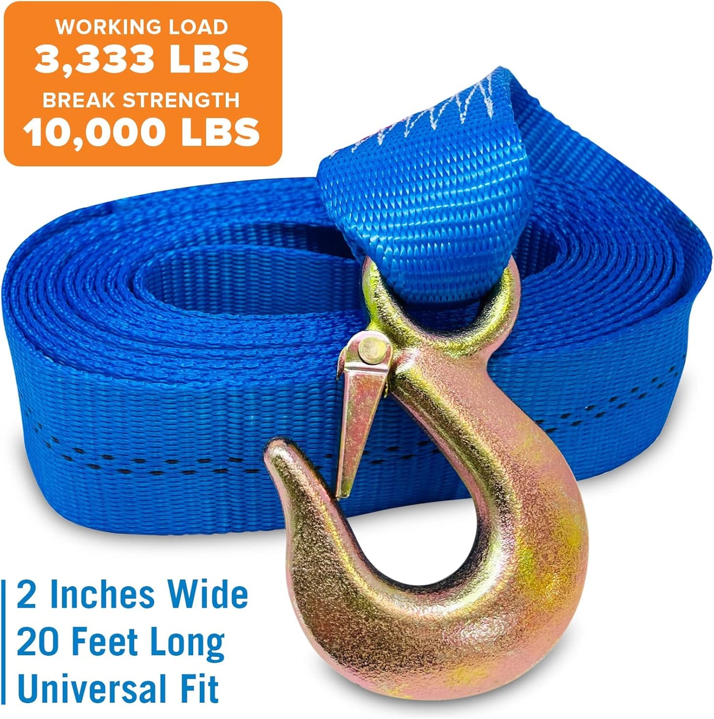 Boat Trailer Winch Strap - Heavy Duty 2 Inch x 20 Feet, 10,000 Lbs Capacity with Hook