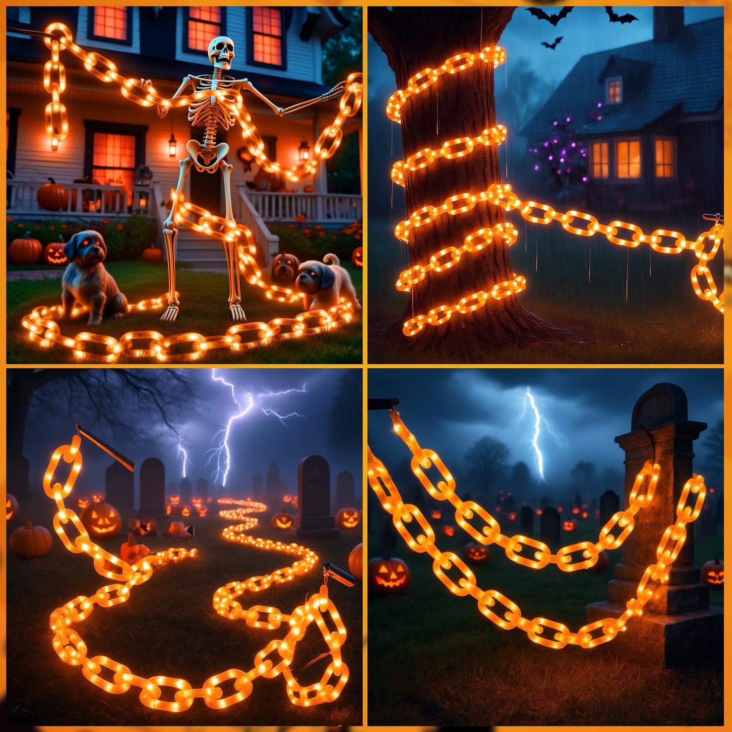 woohaha Halloween Decorations Battery/USB Plastic Chain Lights，10.5FT 175LED Orange Props Chains String Lights,8 Modes and Timer for Outdoor Halloween Party Creepy Cosplay Spooky Ornaments