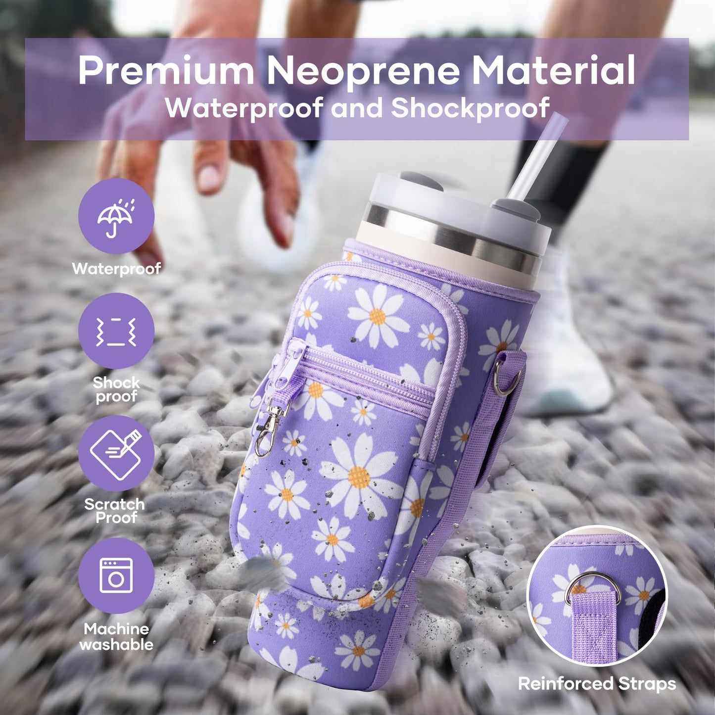 Water Bottle Carrier Bag,Water Bottle Holder with Straps Phone Pockets Fits Stanley Cup 40oz Tumbler (Purple Daisy-40oz)