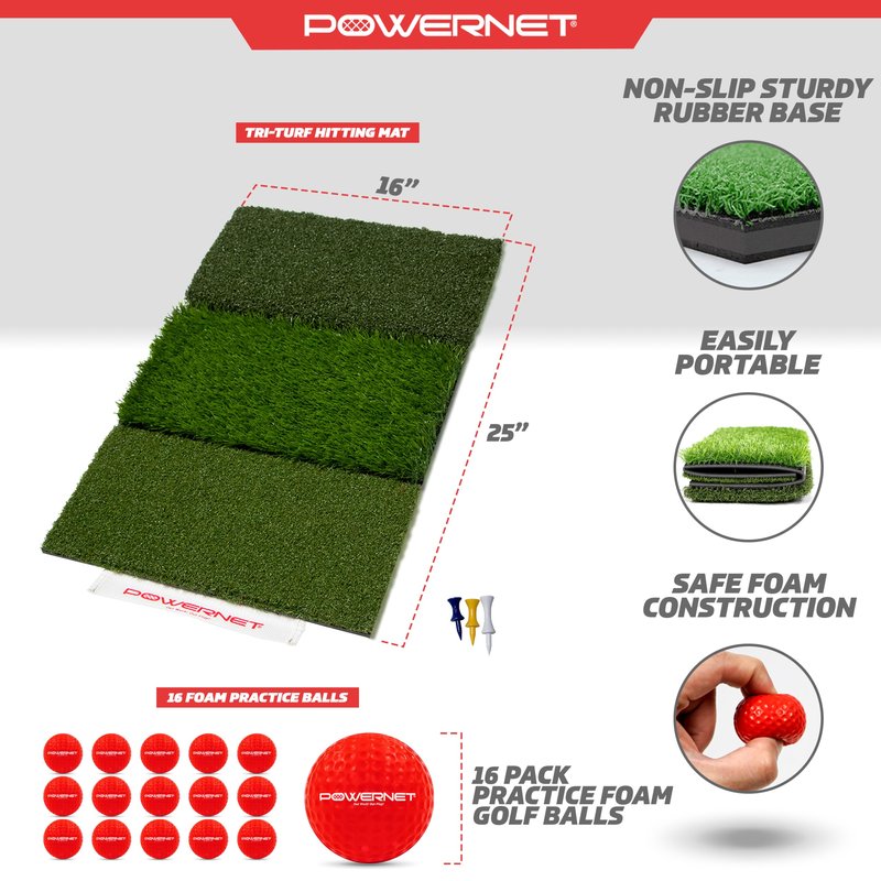 PowerNet Foam Golf Balls & Tri-Turf Mat Bundle, Portable 25" x 16" Hitting Space, Golfing Accessories Training Aid to Improve Swings, 16-Pack Training Balls & Artificial Grass Practice Mat