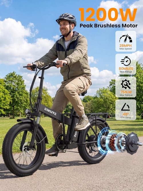 ESKUTE D300 Electric Bike - 1200W Peak Motor, 48V 20.8Ah Removable Battery, 20x4 Fat Tires | 28 MPH, Up to 80 Miles
