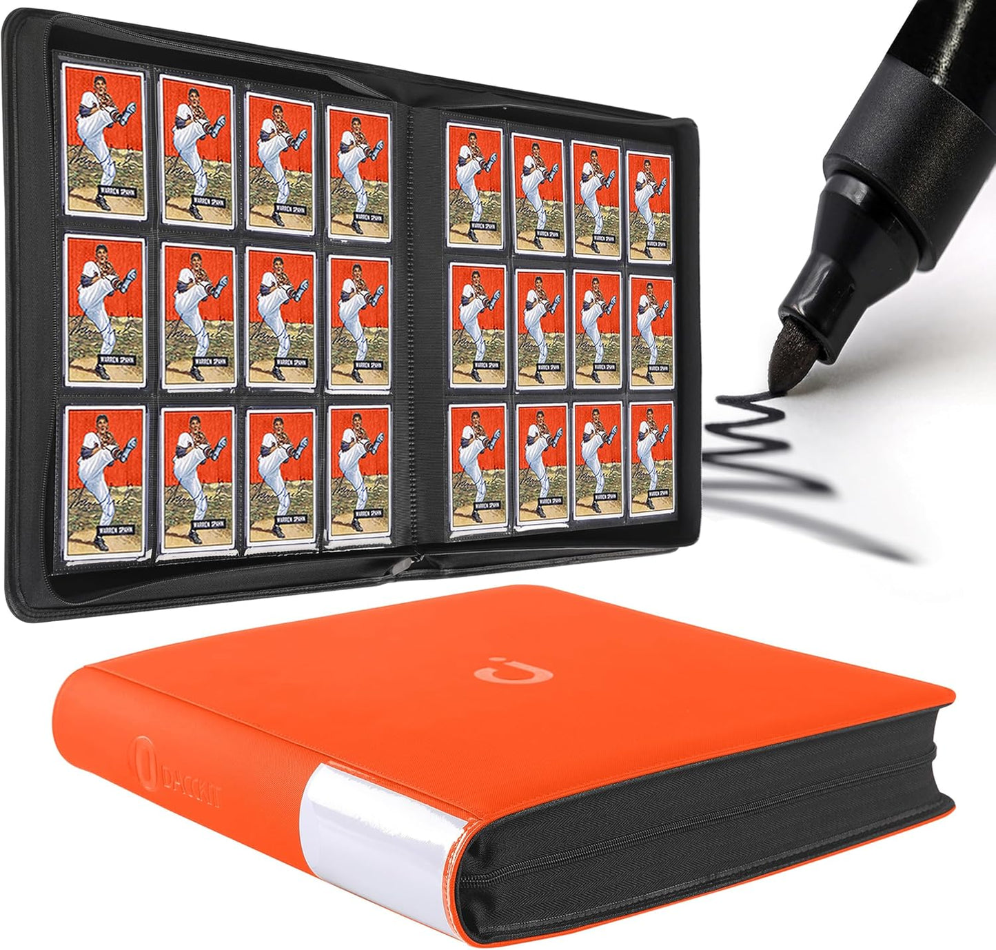 Premium Card Binder - 12 Pocket Design Fits 1200 Cards | 3X4 Ringless with Sleeves in Bright Orange