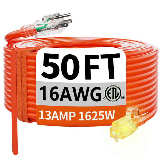 HUANCHAIN 50 ft 16/3 Gauge Outdoor Extension Cord Waterproof with Lighted, Flexible Cold Weather 3 Prong Power Cord Outside, 13A 1625W 125V 16AWG SJTW, Orange, ETL Listed