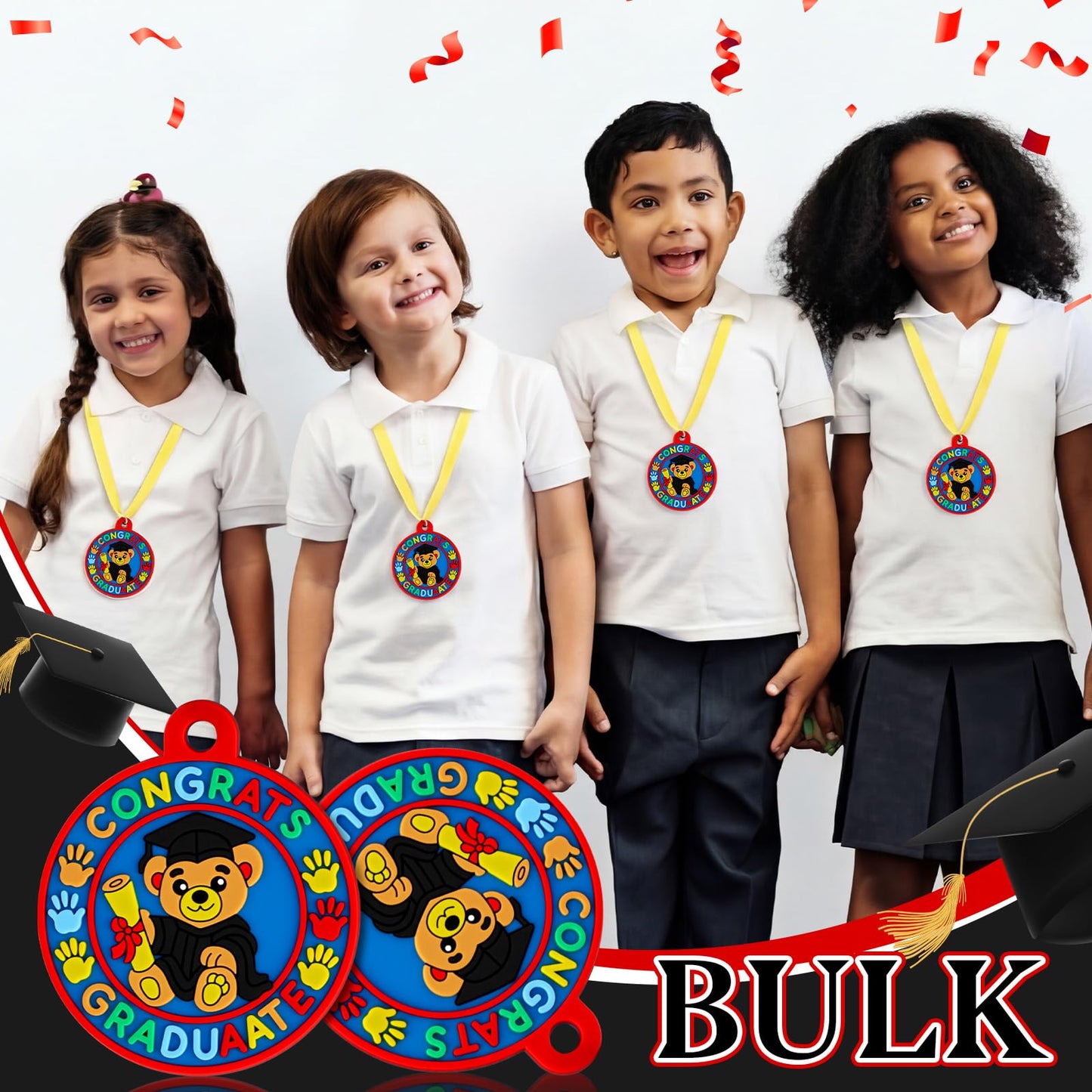 Sratte 24 Pcs Kindergarten Prek Preschool Graduation Medals for Kids, Bulk Kinder Pre-k Graduation Gifts with Yellow Ribbon, End of Year Student Gifts Party Favors Supplies, 2 Inch (Bear Graduate)