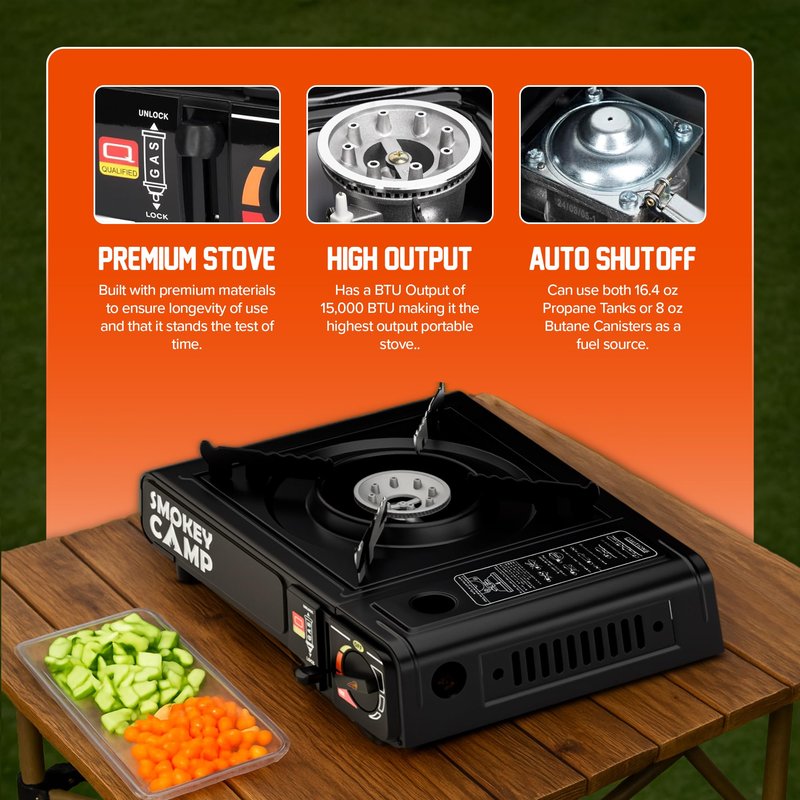 Portable Camping Stove with Plastic Suitcase 3000W Butane or Propane Fuel Compatable (Propane Adapter not Included), Automatic Ignition, Precise Heat Control, for Camping, Hiking, and Outdoor Cookwing