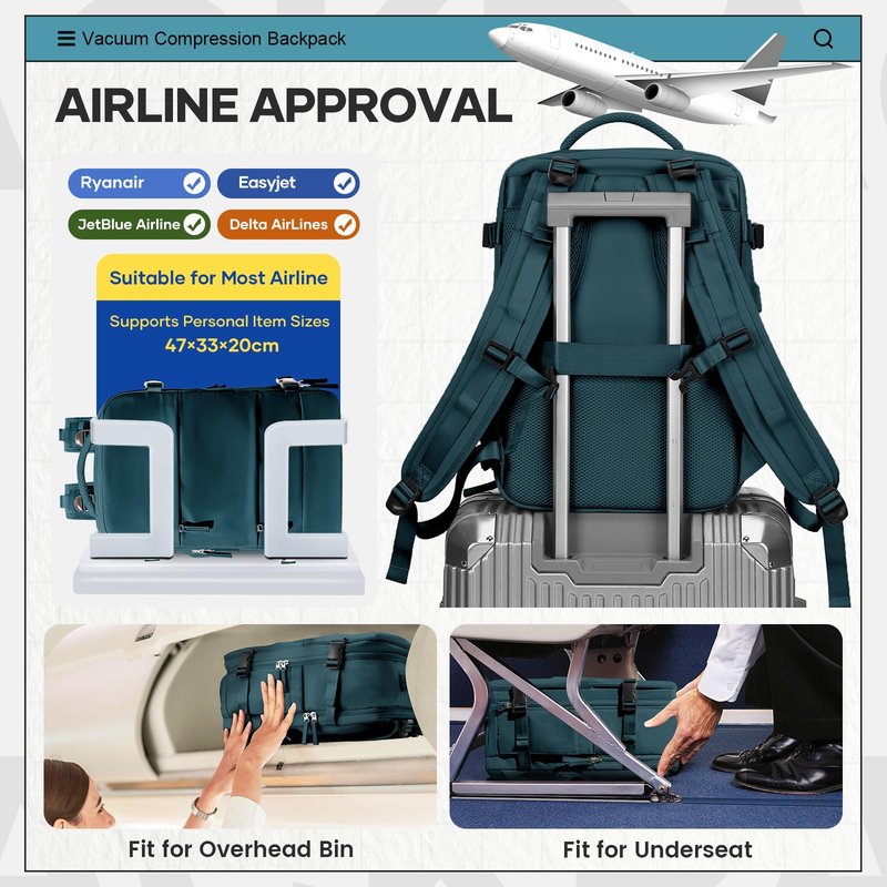 UPPACK Vacuum Travel Backpack for Women Men Large Carry on Backpack Flight Approved Personal item Travel Bag Essentials With Vacuum System,Wet and Dry Separation Bag Peacock Blue NO Pump