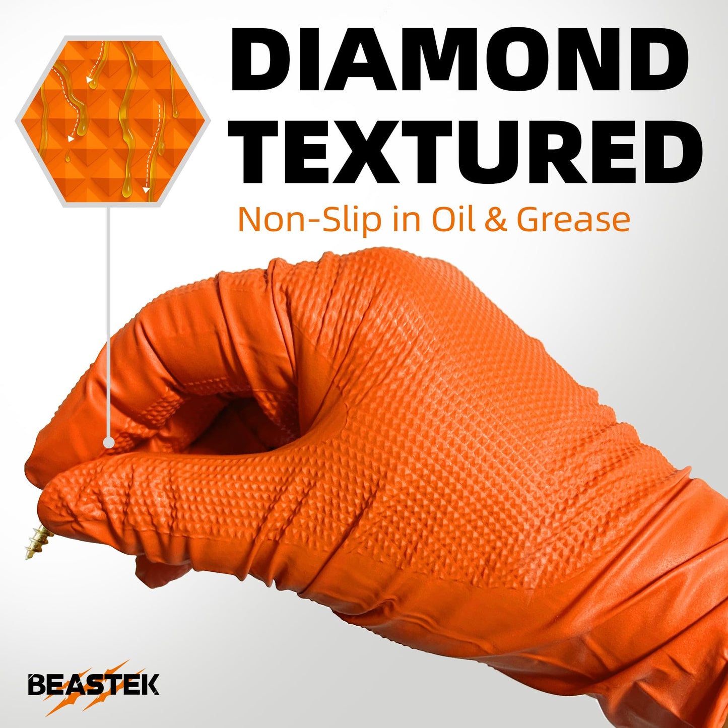 Beastek Nitrile Disposable Gloves, 8Mil Latex & Powder Free Chemical Resistant Heavy Duty Cooking Diamond Glove Orange 100Pcs (Large)
