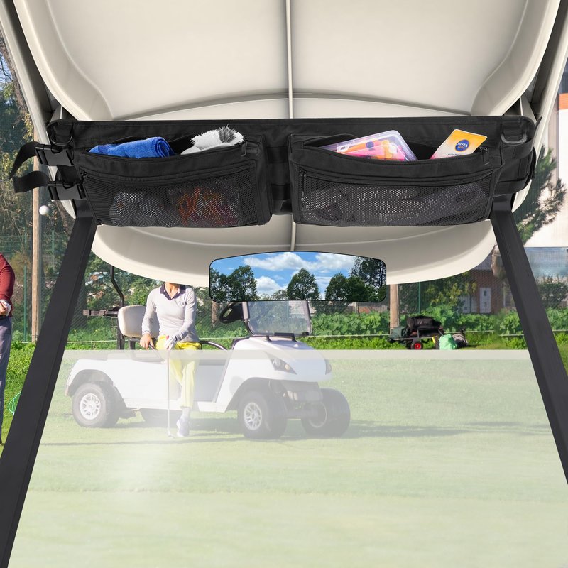 PGmoon Golf Cart Ceiling Storage Bag, Golf Cart Overhead Organizer Bag Compatible with Club Car Precedent,Tempo, Onward, Black