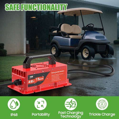 10L0L 48V 15A Golf Cart Rapid Charger for Club Car DS & Precedent, 3-Pin Plug with IP68 Waterproof, Auto Shut-Off, Smart Cooling, Aluminum Housing, Charging Indicator (Red)