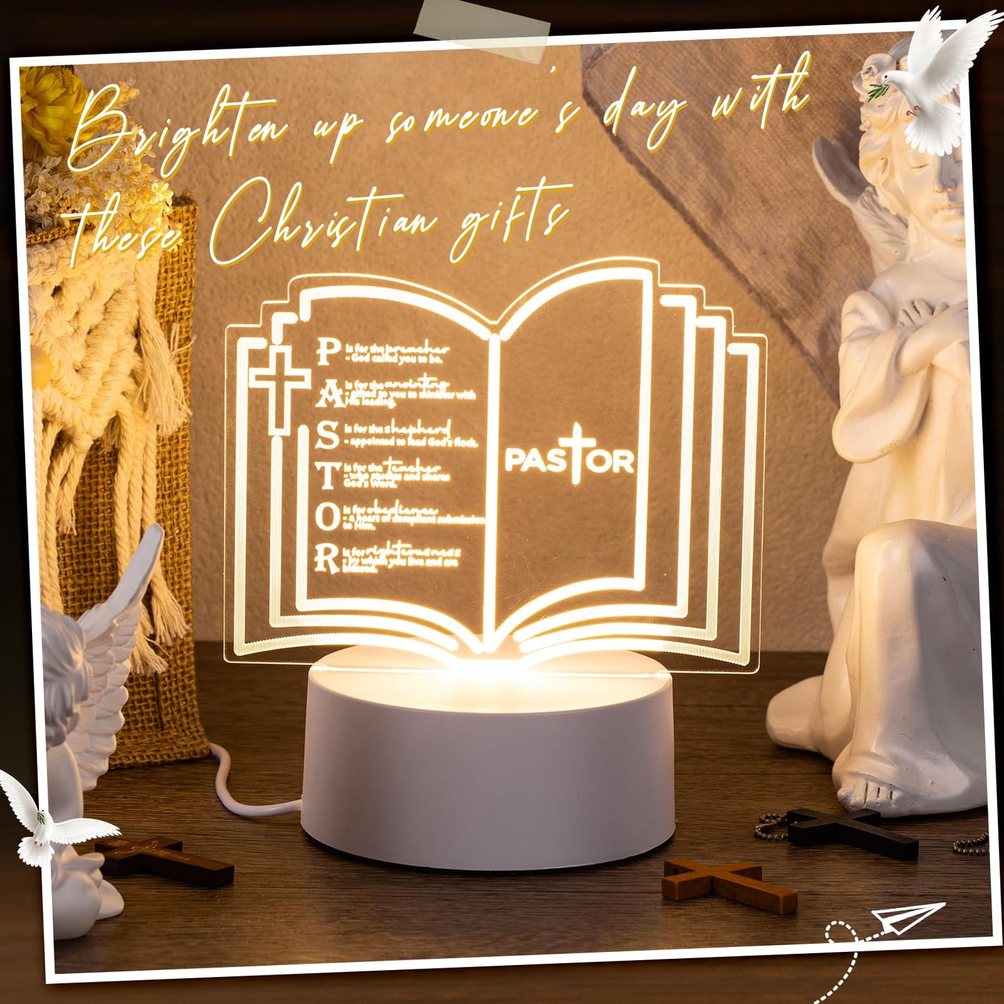 Kosiz 1 Pcs Pastor Appreciation Gift Engraved Thank Clergy Sayings Acrylic LED Night Light with Base Christian Inspirational Decor Clergy Appreciation Day Men Women Church Retirement (Stylish Pastor)