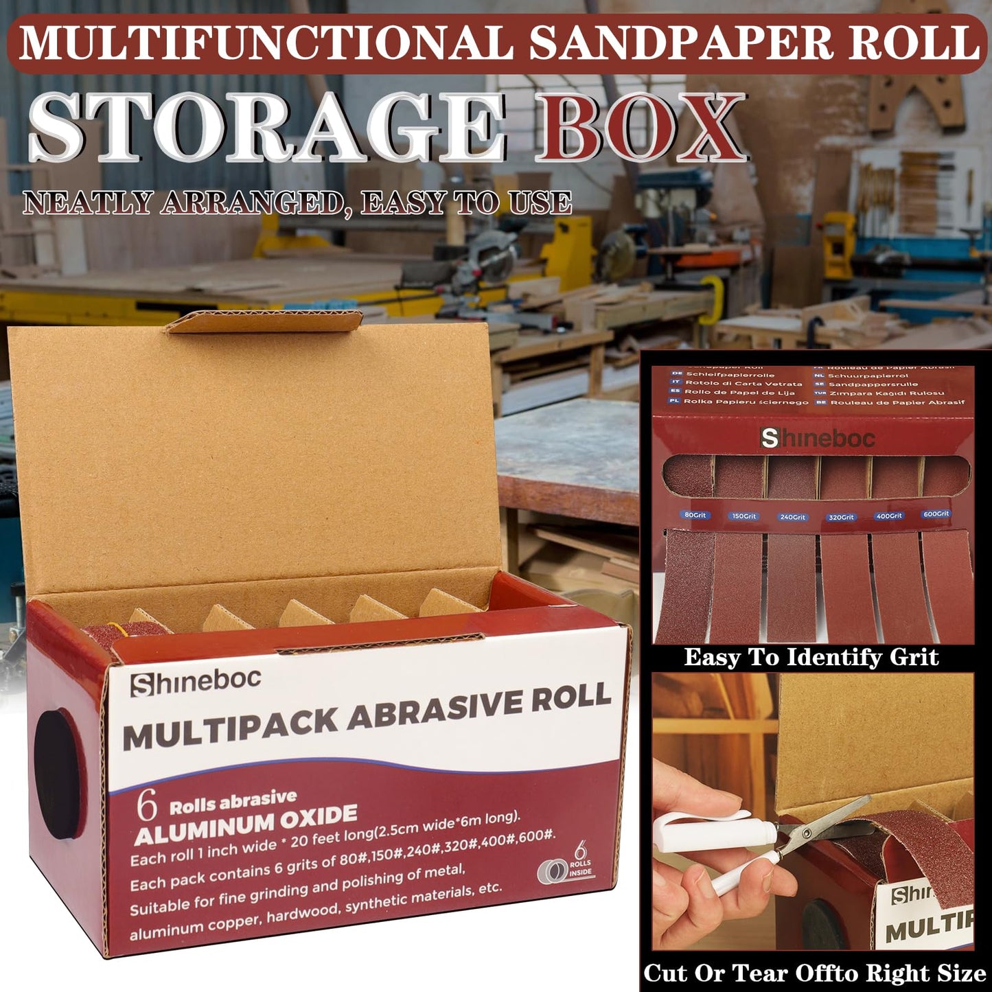 Shineboc Emery Cloth Roll, 1" x 20 Feet Continuous Sandpaper Roll, 80/150/240/320/400/600 Grit Sand Paper Assortment Pack for Wood Metal Sanding and Polishing