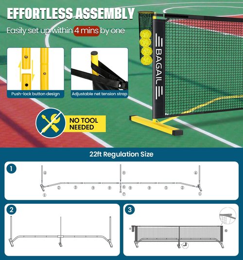 BAGAIL Portable Pickleball Net Set, 22 FT Regulation Size Pickle Ball Net with Ball Collector, Carry Bag, Easy Setup for Outdoor Indoor Driveway - Yellow