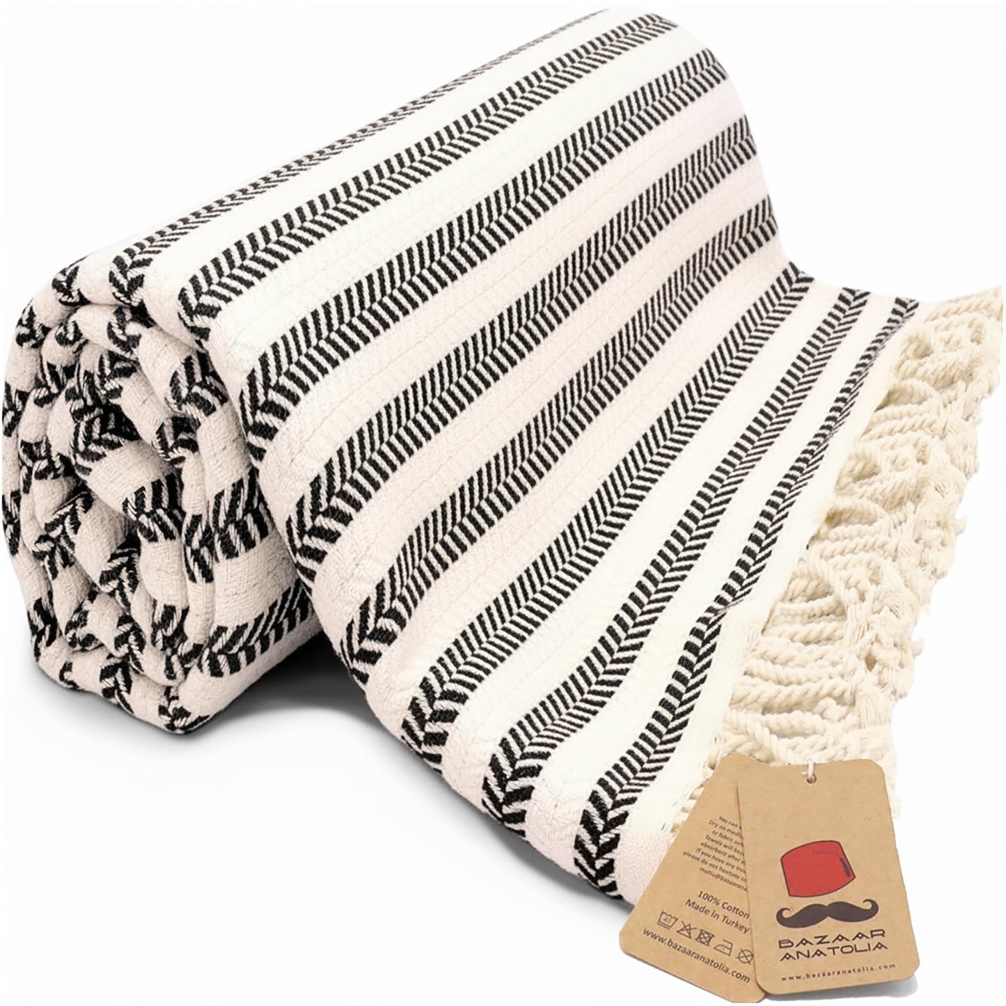 Bazaar Anatolia Turkish Beach Towel, 100% Cotton, 71x39 in, Arpa Black