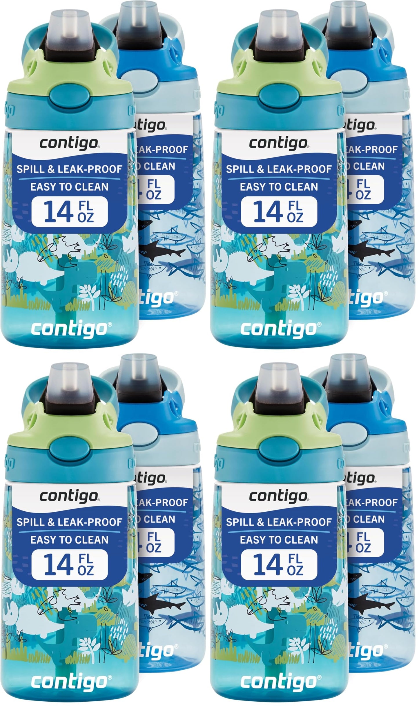 Contigo Aubrey Kids Water Bottle,14oz,Dinos & Sharks,Spill-Proof Lid,Dishwasher Safe,Blue & Green,(Pack of 8)